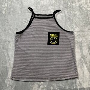 Nirvana Tank Top Women Large Black White Striped High Neck Smiley Face Graphic